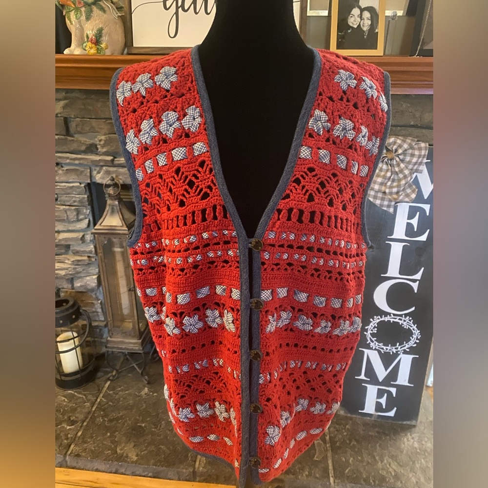 Vintage Koret Red Crochet Knit Cardigan Vest with Denim Trim